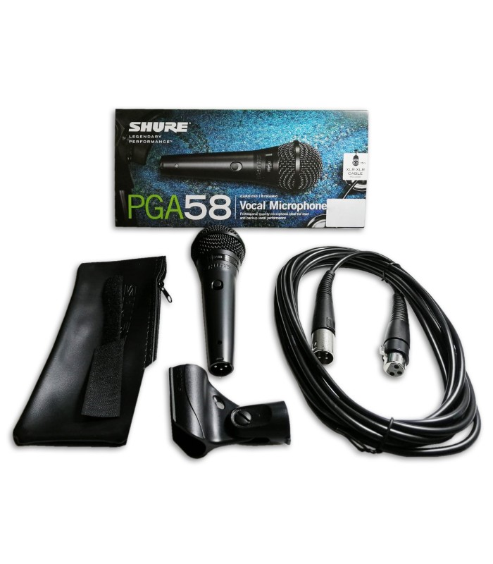Foto do Microfone Shure modelo PGA 58 XLR Performance Gear Alta com acessórios