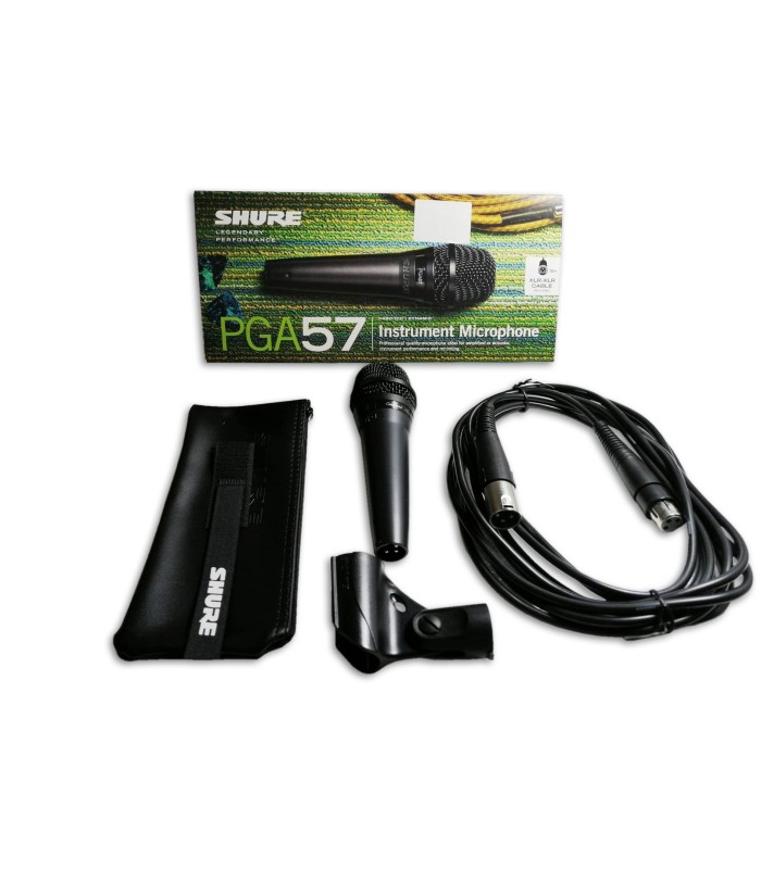 Foto do Microfone Shure modelo PGA 57 XLR Performance Gear Alta com acessórios