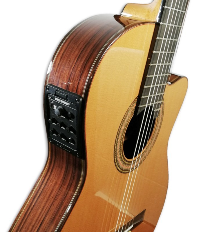 Photo detail of the side of the guitar with the preamp of the classical guitar Paco Castillo model 235 TE