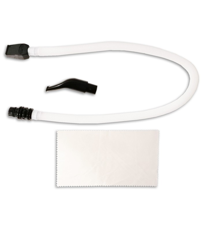 Photo of the Melodica Record model M-37PU's blowing tube, mouthpiece and cleaning cloth