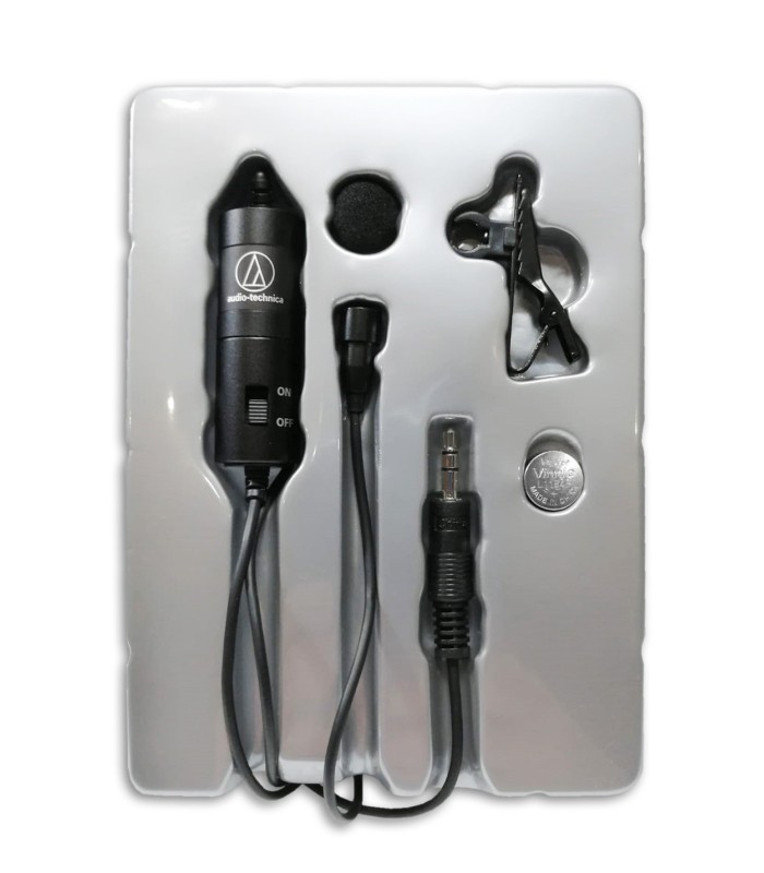 Foto na embalagem do Microfone Audio Technica modelo ATR3350X e acessórios