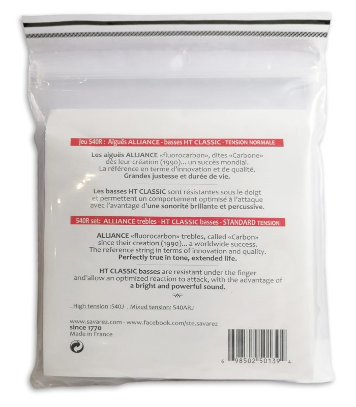 Photo of the Classical Guitar String Set Savarez model 540 R's package backcover