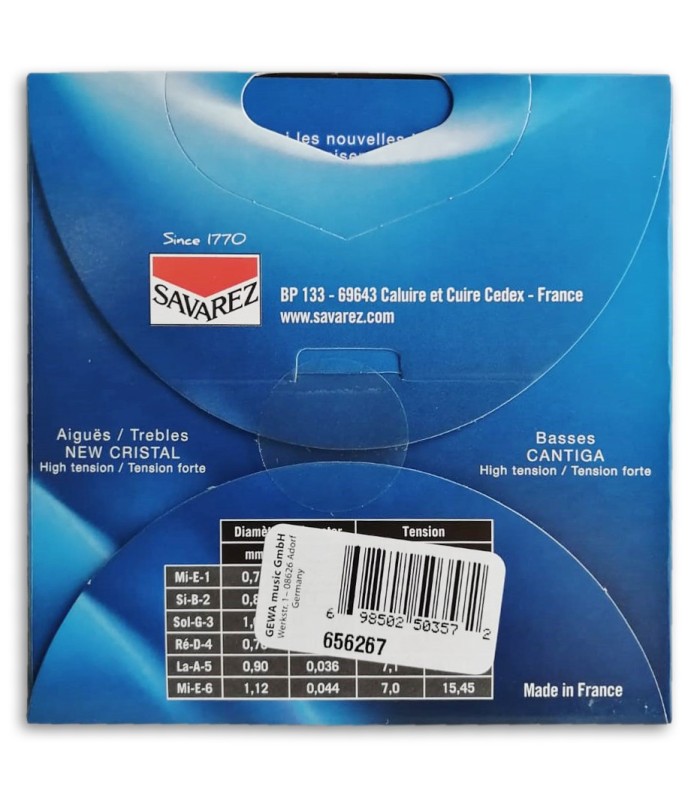 Photo of the String Set Savarez model 500 CJ New Crystal Cantiga's package backcover