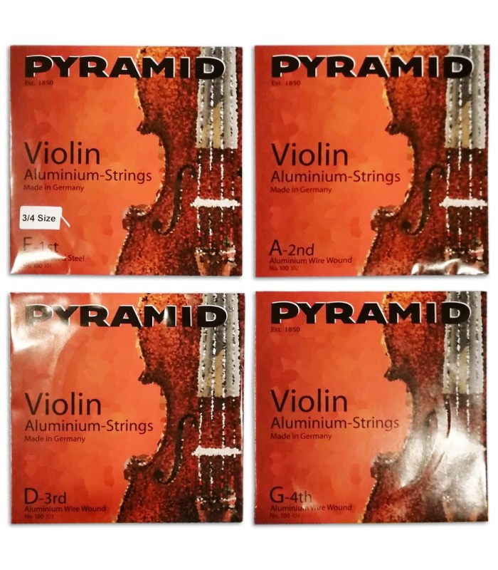 Foto das embalagens das cordas individuais do Jogo de Cordas Pyramid 100100 para Violino Alumínio 3/4