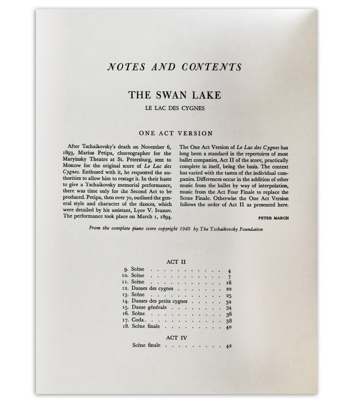 Photo of the The Swan Lake Tschaikovsky 1 Act Ballet version Piano's book table of contents