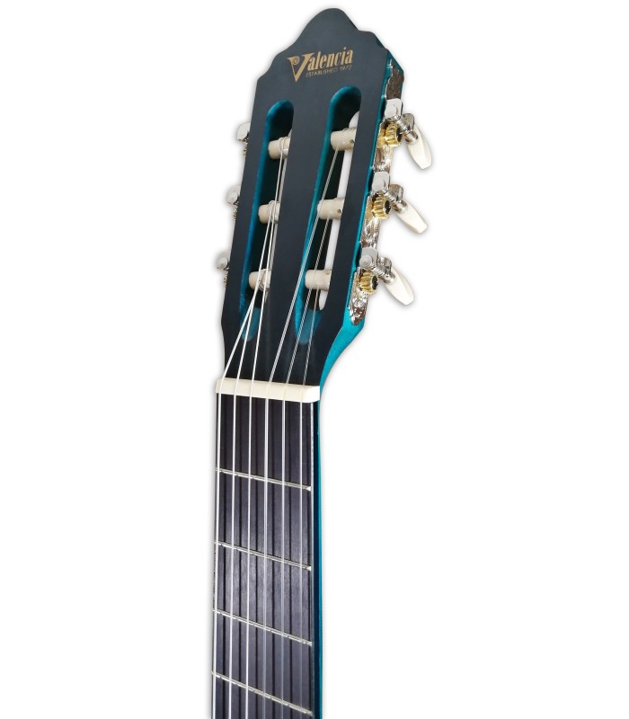 Foto de la cabeza de la guitarra clásica Valencia modelo VC204 TBU transparente azul