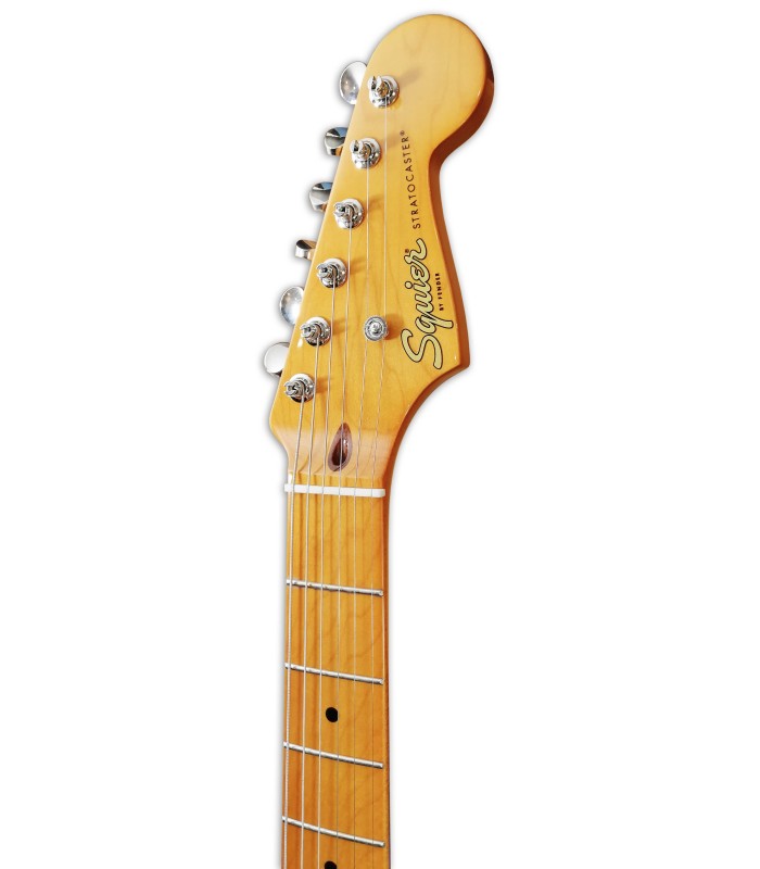 Photo of the eletric guitar Fender Squier model Classic Vibe Strat 50S MN Black's head
