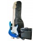 Foto da guitarra, saco, amplificador e acessórios do pack Fender Squier modelo Aff Strat HSS LPB amplificador 15G acessórios