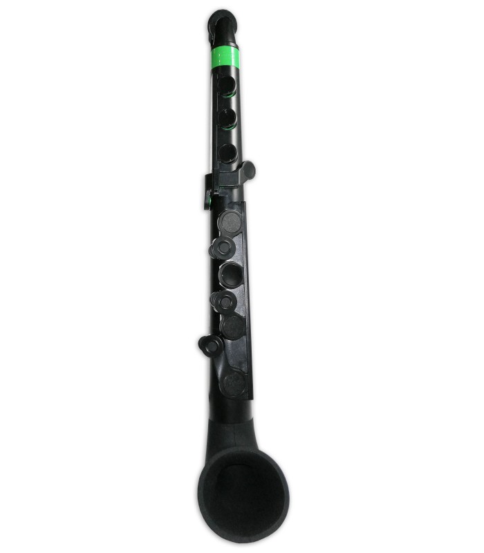 Foto detalle de las llaves y de la campana del saxofono Nuvo Jsax modelo N-520JBGN negro y verde