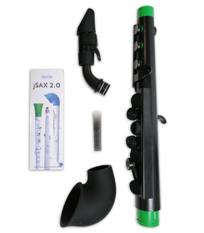 Foto das partes separadas do saxofone Nuvo Jsax modelo N-520JBGN preto e verde