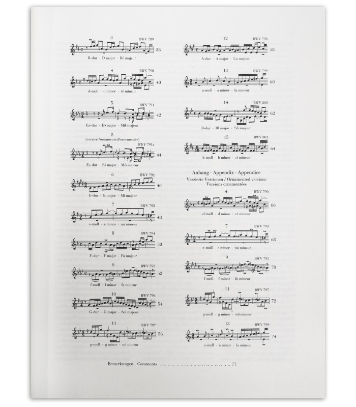 2ª página do índice do livro Bach invenções e sinfonias BWV 772-801 urtext