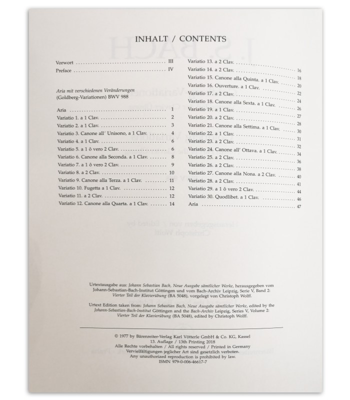 Índice del libro Bach Goldberg variationen BWV 988