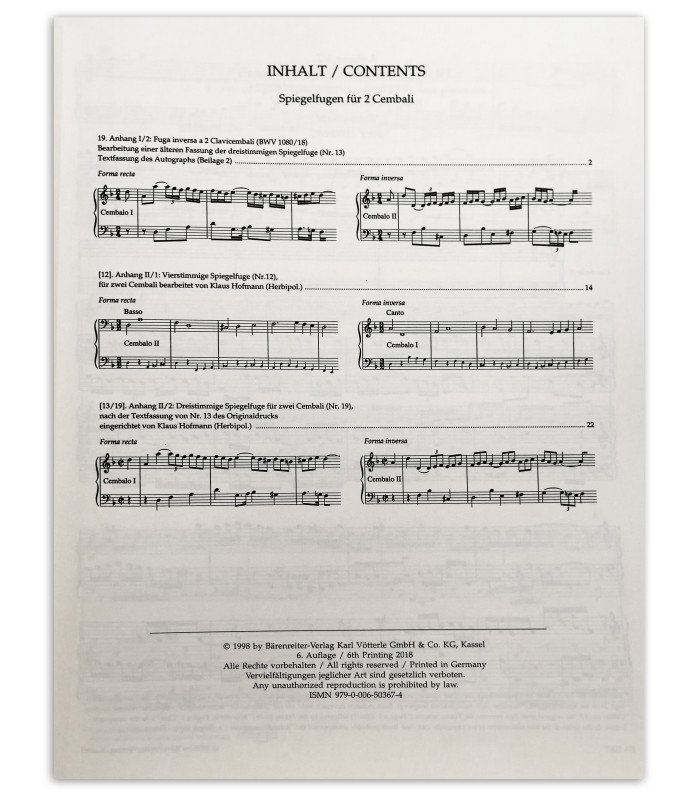 Índice do anexo do livro Bach the art of fugue BWV 1080