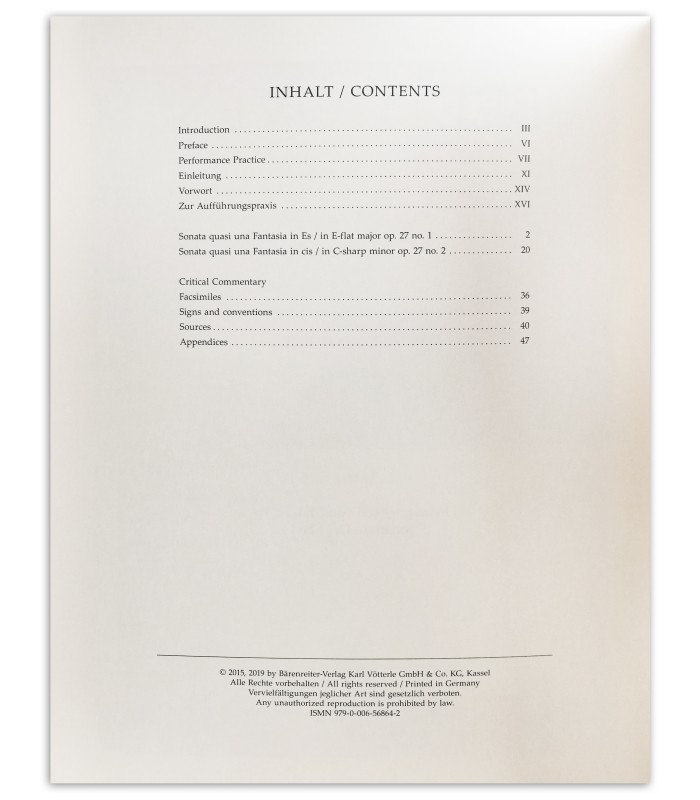 Índice do livro Beethoven Moonlight Sonata Op 27 1 e 2