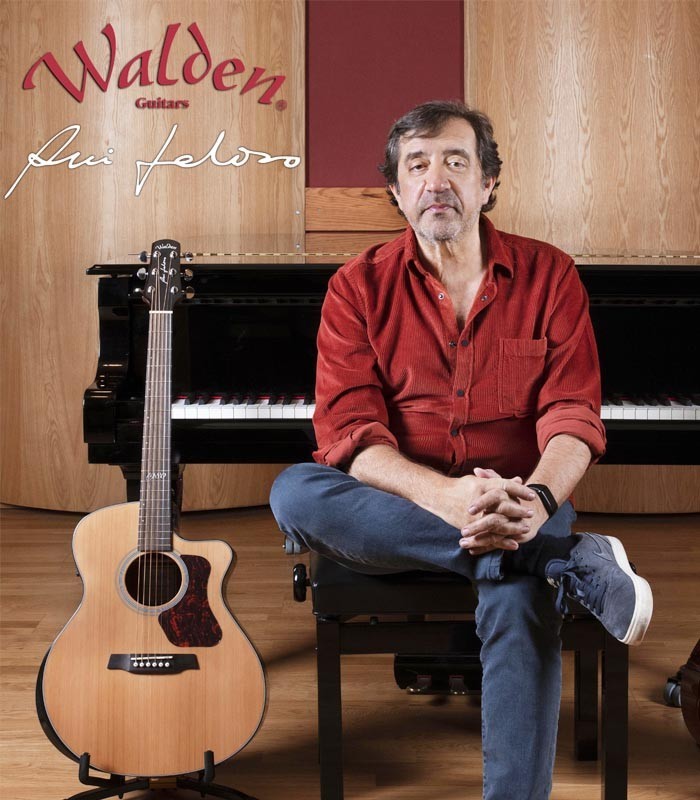 Photo of Rui Veloso besides the electroacoustic guitar Walden model G570RCERVW Rui Veloso 40 years
