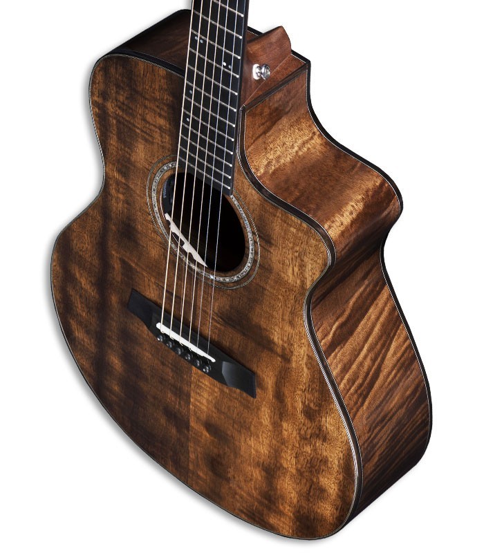Detalhe do corpo da guitarra eletroacústica Walden modelo G1051RCERV40H Rui Veloso 40 anos edição limitada