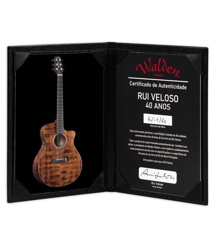 Certificado de la guitarra electroacústica Walden modelo G1051RCERV40H Rui Veloso 40 Años edición limitada