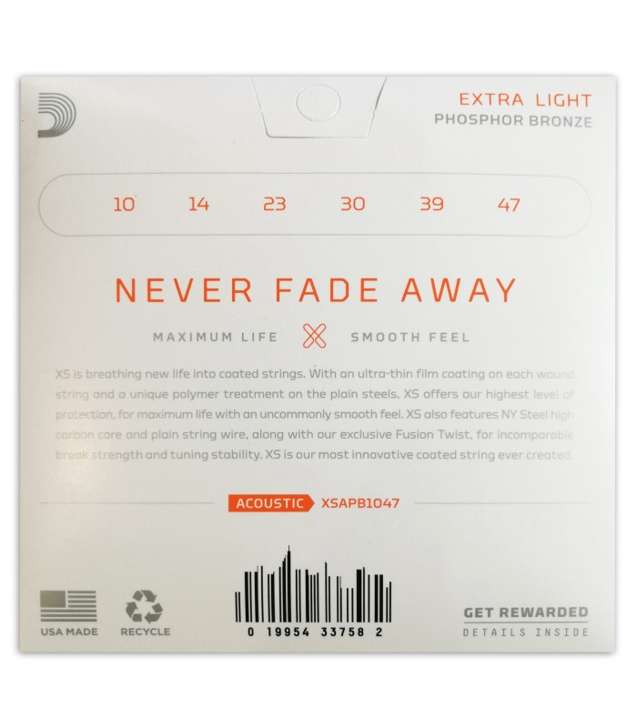 Contraportada del embalaje del juego de cuerdas DAddario modelo XSAPB1047 010 para guitarra acústica