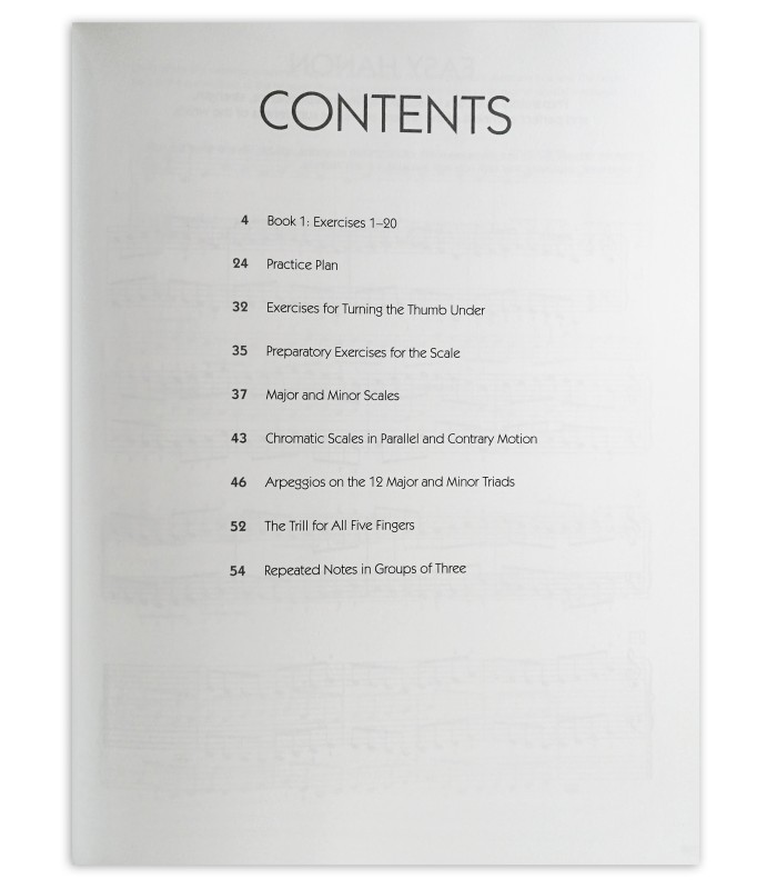 Easy Hanon book's table of contents