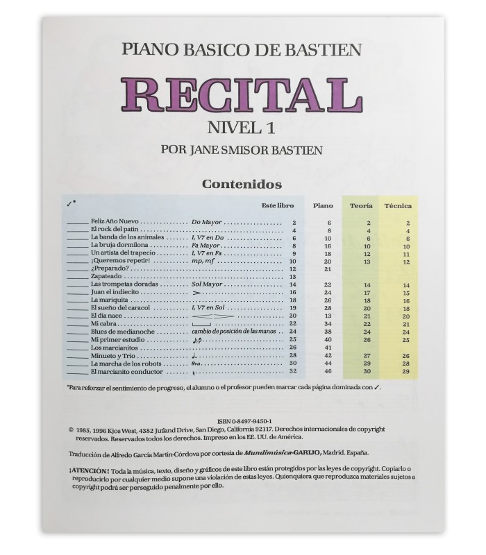 Índice do livro Bastien Piano Básico Recital Nível 1