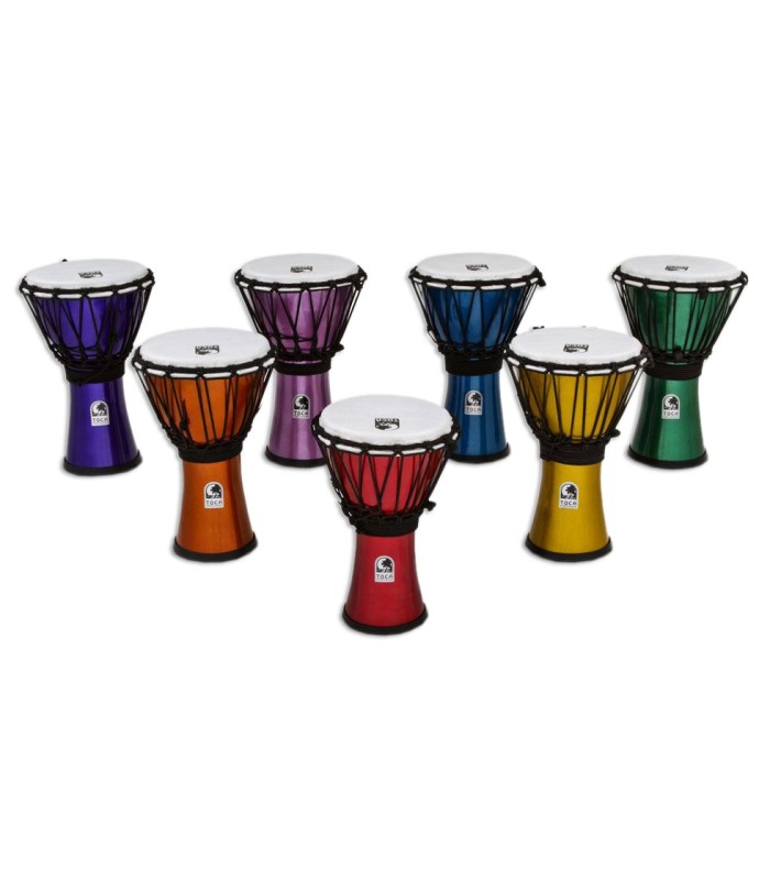 Foto do djembe Toca Percussion TFCDJ 7MS nas cores vermelho, laranja, amarelo, verde, azul, índigo e violeta