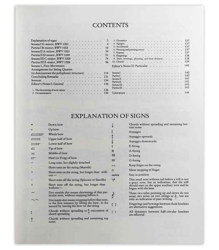 Índice do livro Bach sonaten und partiten para violino solo BWV 1001 1006 Peters