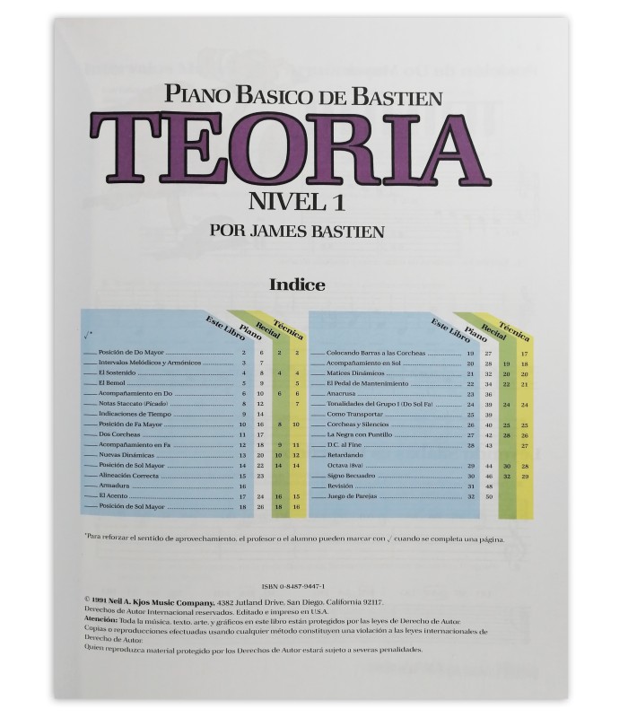Bastien Piano básico teoria nível 1 book's table of contents