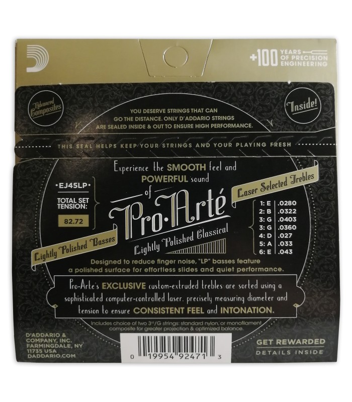 Contraportada del embalaje del juego de cuerdas Daddario modelo EJ45LP nilón lightly polished para guitarra clásica