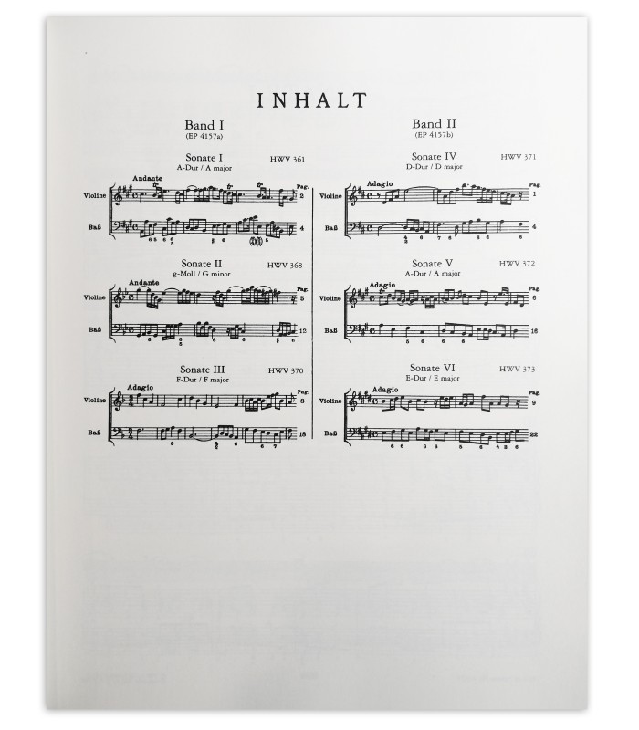 Índice del libro Handel Sonatas HWV361 368 370 Peters