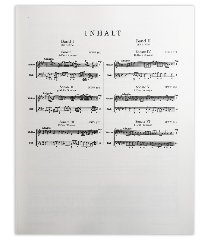 Índice do livro Handel Sonatas HWV361 368 370 Peters