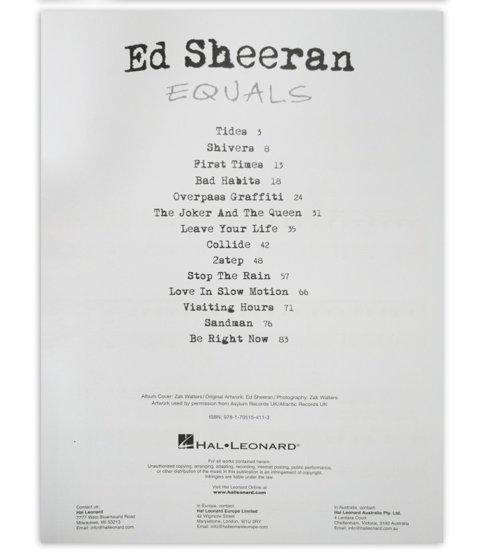 Ed Sheeran Equals HL's book table of contents
