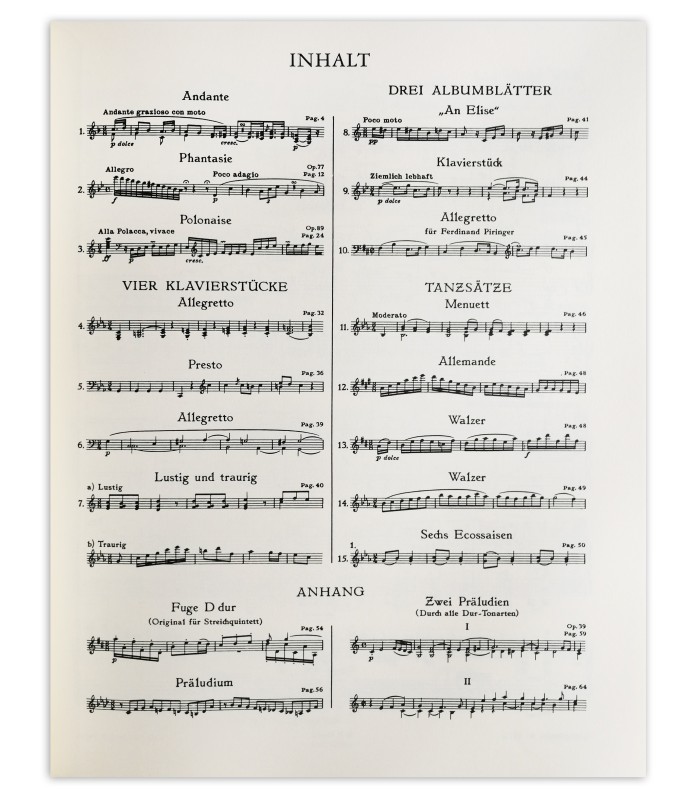 Índice do livro Beethoven peças para piano vol 2 Peters