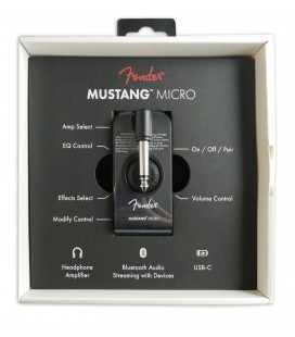 Photo of the amplifier Fender model Mustang Micro Guitar Headphone Amp inside the package