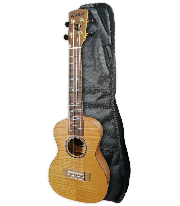 Foto do ukulele concerto Laka modelo VUC 95 Flamed Maple com o saco