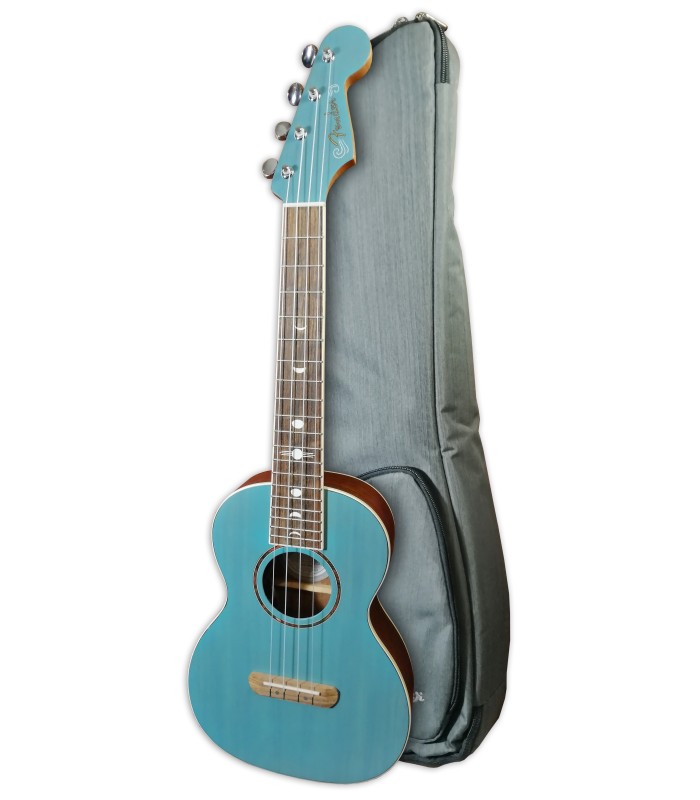 Foto del ukelele tenor Fender modelo Dhani Harrisson Turquoise con funda