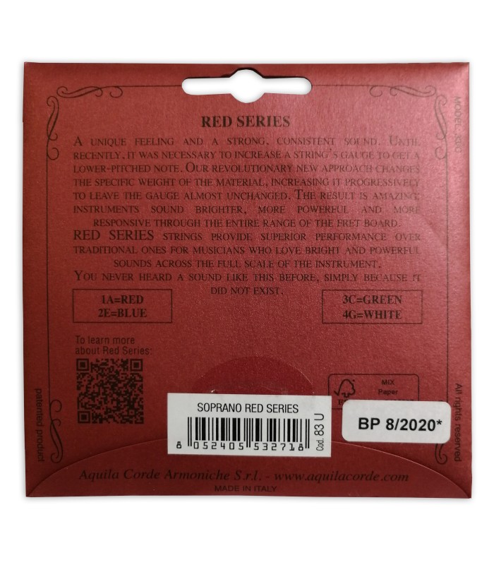 Package backcover of the string set Aquila model 83U Red Series for soprano ukulele