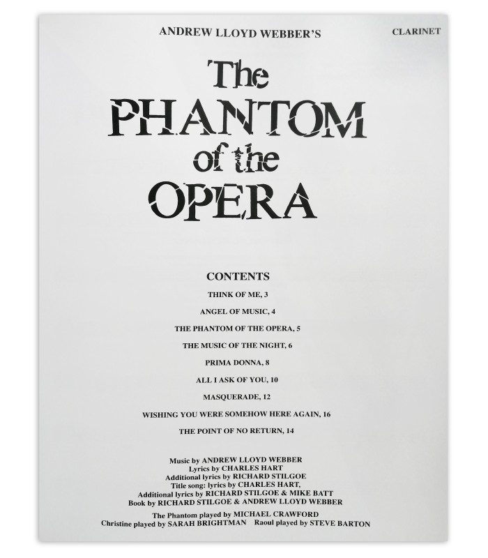 The Phantom of the Opera Lloyd Webber for clarinet's book table of contents
