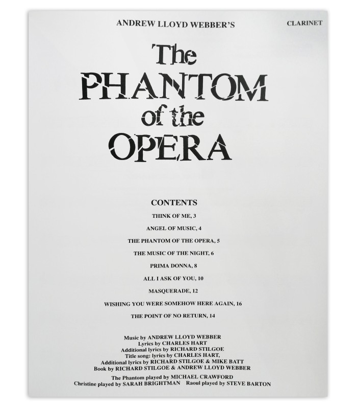 Índice do livro The Phantom of the Opera Lloyd Webber para clarinete