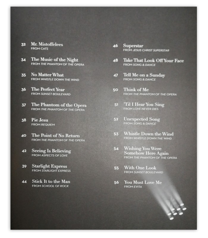 Otra página del indice del libro The Songs of  Andrew Lloyd Webber for Cello