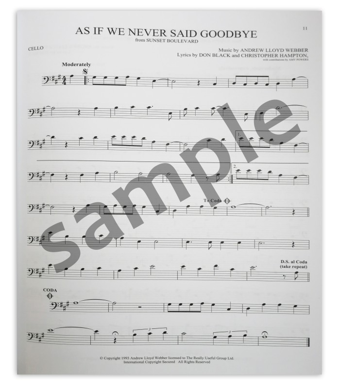 Amostra do livro The Songs of  Andrew Lloyd Webber for Cello