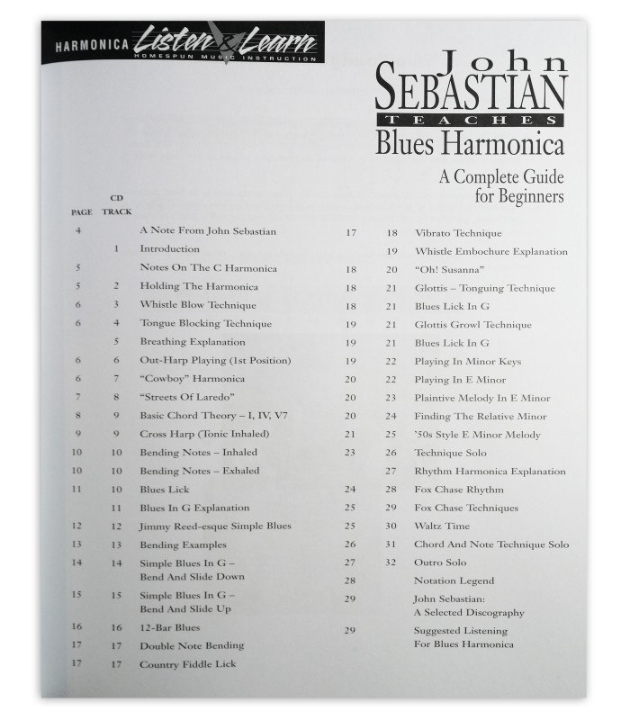 Indice del libro Beginning Blues Harmonica John Sebastien