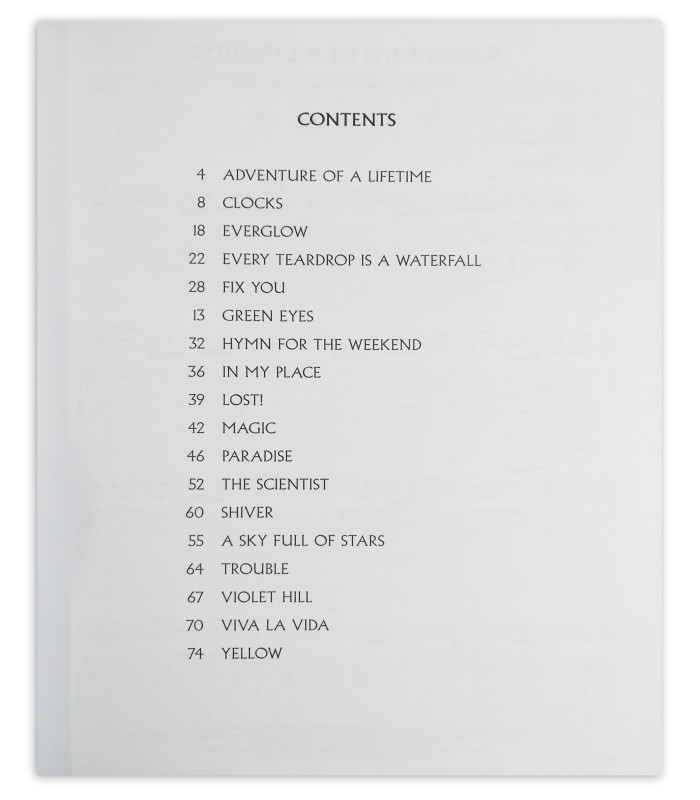 Indice del libro Coldplay Very Best Easy Guitar 2 Edición HL