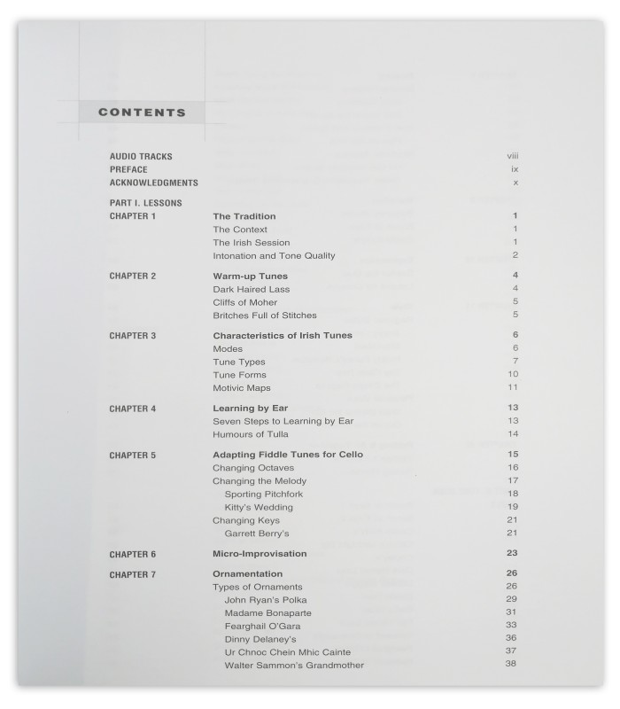 The Irish Cello Book's table of contents