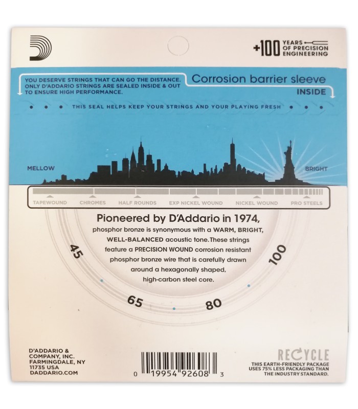 Contraportada del juego de cuerdas Daddario modelo EPBB170 para bajo acústico calibres 045 100