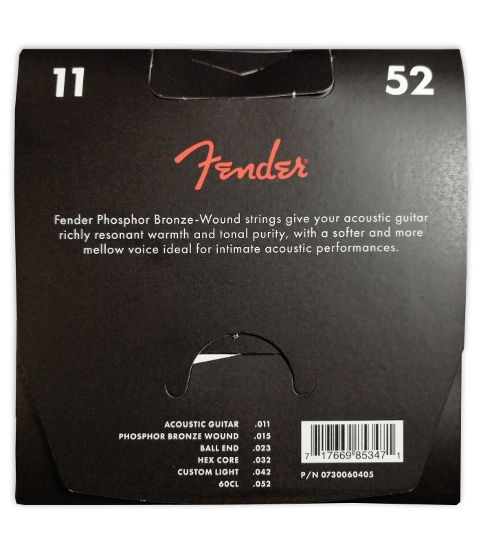 Contraportada del embalage de las cuerdas Fender 60CL
