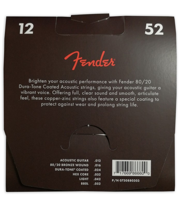 Contracapa da embalagem do jogo de cordas Fender Dura Tone Coated 80 20 Bronze 012