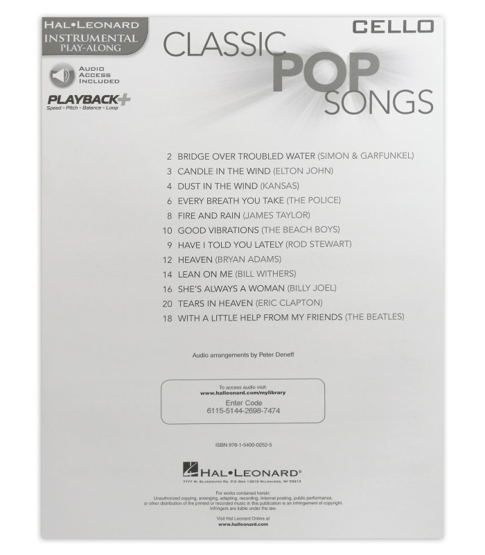 Índice do livro Classic pops play along cello HL