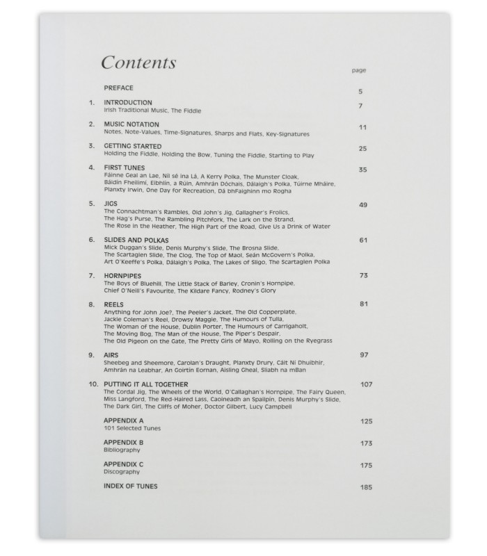 Table of contents of the book The Irish Fiddle Book