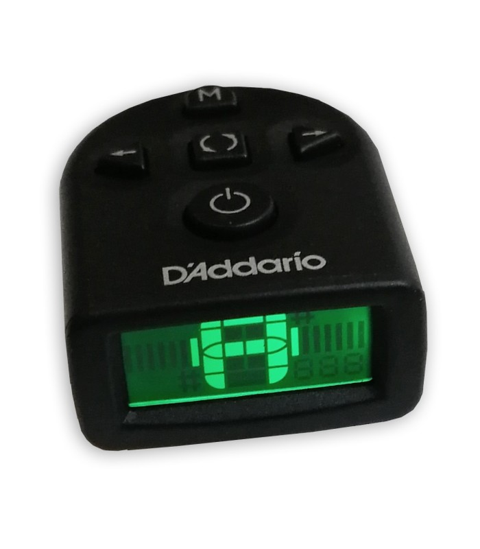 Detalhe do ecrã e controlos do afinador Daddario modelo PW CT 21 Micro Clip Free Tuner