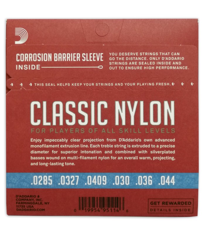 Contracapa da embalagem do jogo de cordas Daddario modelo EJ27H nylon tensão alta